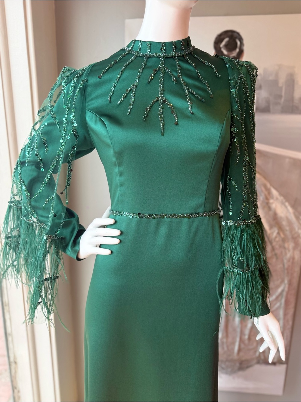 Emerald Green Beaded Evening Dress